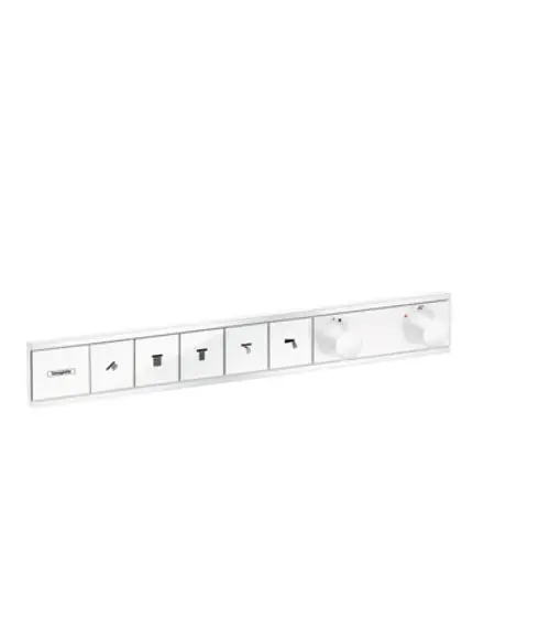 Weißer Thermostat von Hansgrohe mit mehreren Bedienungselementen. Enthält Schalter und Regler für die Steuerung von fünf Verbrauchern. Montage erfolgt unterputz.